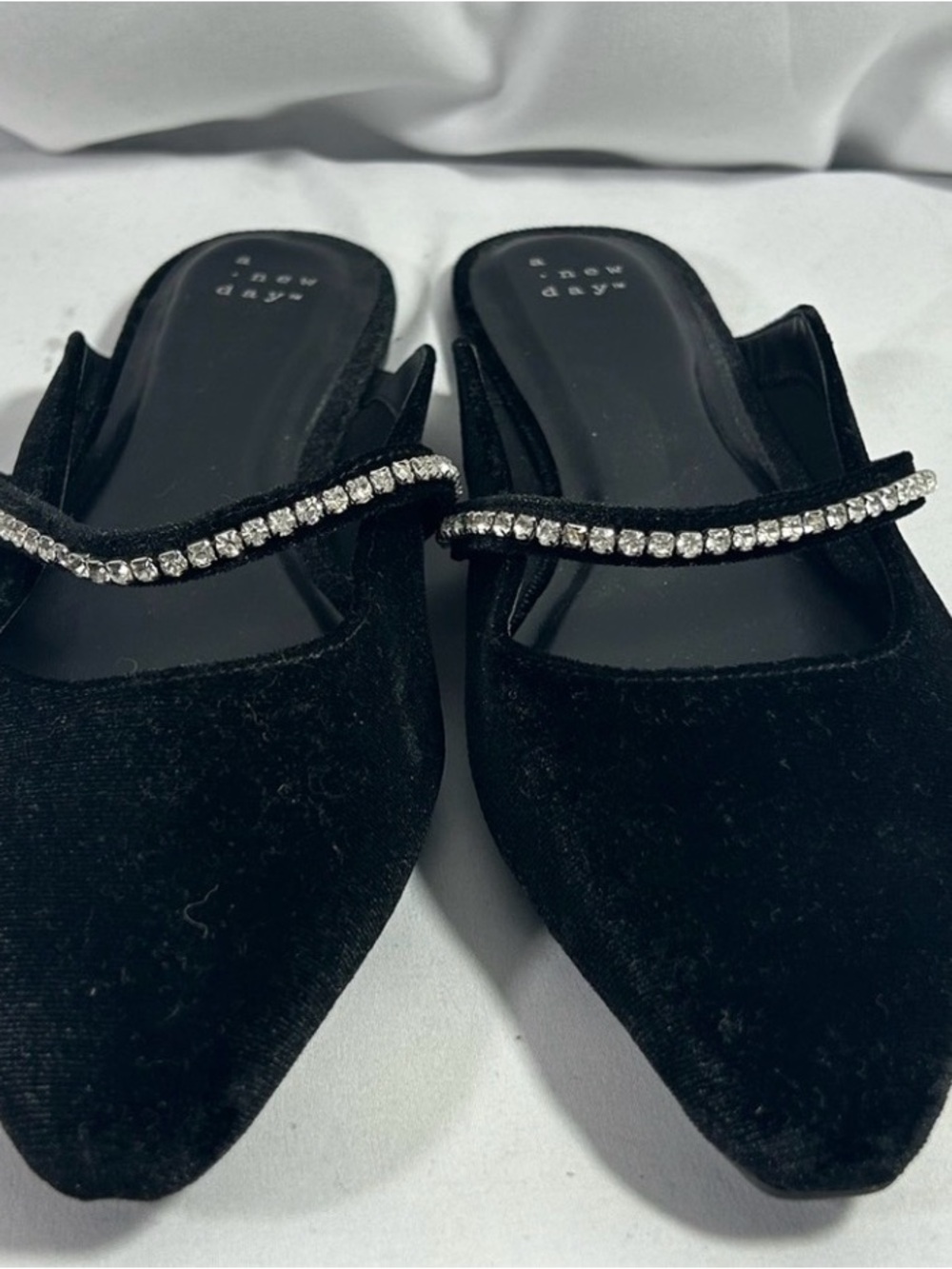 Black Velvet Pointed Toe Slip-On Mules with Rhinestone Strap- A New Day